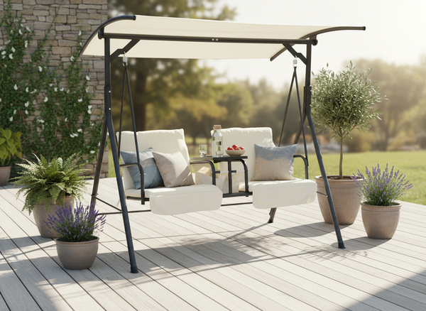 HUŚTAWKA OGRODOWA DWUOSOBOWA 170 x 110 x 165 CM BEŻOWA Z PODSTAWKĄ NA KUBKI 