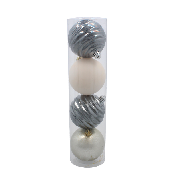 SET OF 4 ORNAMENTS 8 CM IN TUBE CHAMPAGNE/GRAY/WHITE