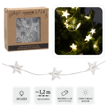 LED LIGHT CHAIN TRANSPARENT STARS 10 L WARM WHITE
