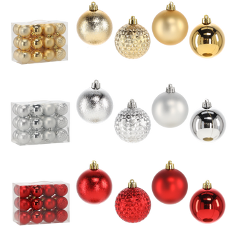 Set de 24 globuri decorative de 6 cm roșii/aurii/argintii mix de modele *7252