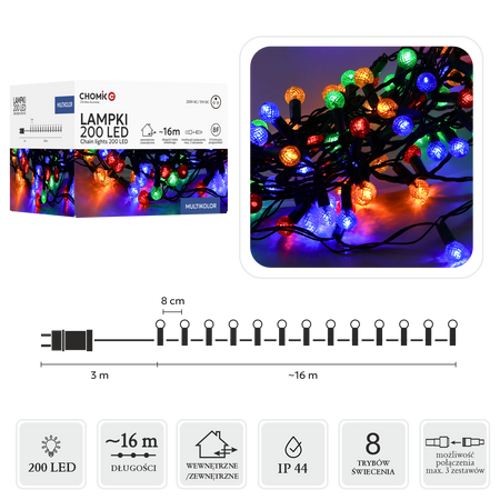 LAMPKI LED CHERRY BALL 200L MULTIKOLOR, DŁ. 3 + 16 M *9980