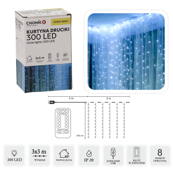 CORTINĂ LUMINĂ CU FIRE 300L ALB RECE, 3 x 3 M, USB, CU TELECOMANDĂ *0009