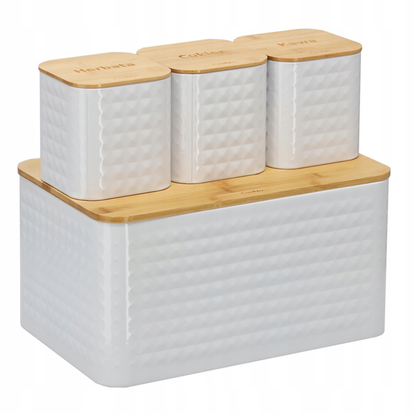 CHLEBAK SABIO - EMALIOWANY Z POKRYWĄ BAMBUSOWĄ 35 x 23 x 18,5 CM BIAŁY + 3 POJEMNIKI 11,5 X 11,5 X 12 CM *8848