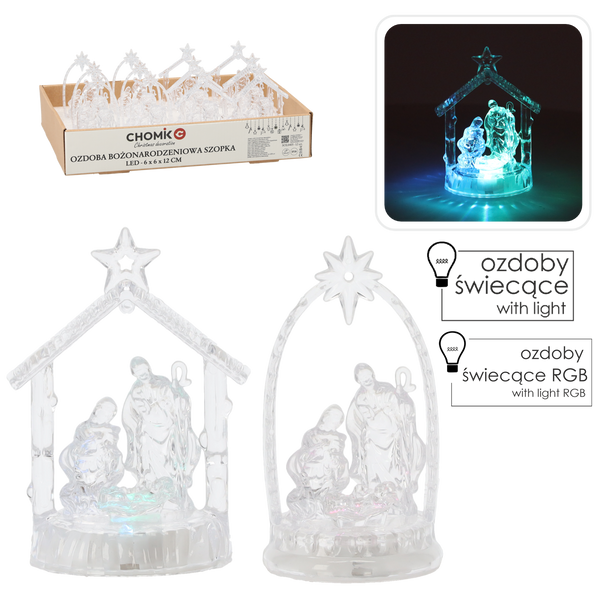 VÁNOČNÍ DEKORACE - PLASTOVÝ LED BETLÉM 6 x 6 x 12 CM MIX VZORŮ disp=12ks *0405