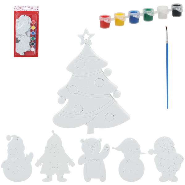 SET OF 6 CHRISTMAS DECORATIONS DIY + 6 PAINTS AND BRUSH ASSORTED 6 DESIGNS