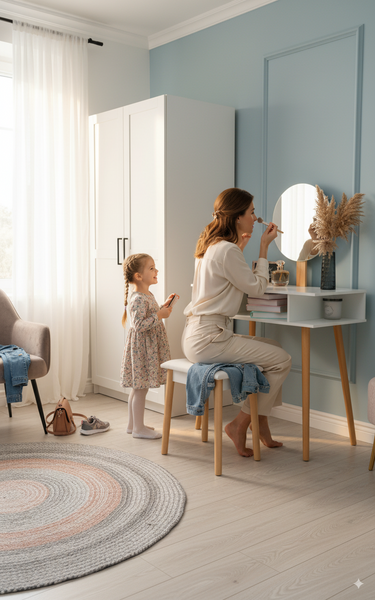 TOALETKA DO WIZAŻU BIAŁA RETRO Z OKRĄGŁYM LUSTREM + TABORET *5803