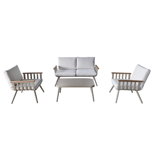 ALUMINUM FURNITURE SET (SOFA + 2 ARMCHAIRS + TABLE) BEIGE + BEIGE CUSHIONS