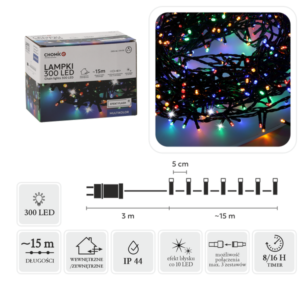 LED SVĚTLA 300L MULTIKOLOR + STUDENÝ FLASH, DĚLKA 3 + 15 M VNITŘ/NAVENEK *9553