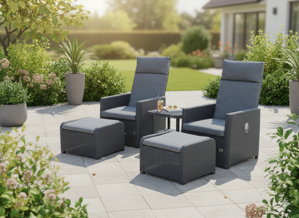 ZESTAW MEBLI OGRODOWYCH - ANTRACYT (2 ROZKŁADANE FOTELE, STOLIK, 2 PODNÓŻKI)