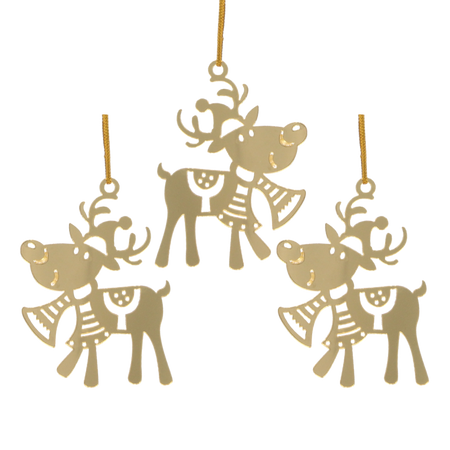 SET OF 3 CHRISTMAS TREE DECORATIONS - GOLD REINDEER 5,5 x 8 CM