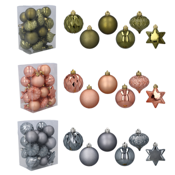 SET OF 23 BAUBLES OLIVE/COPPER/GRAPHITE MIX DESIGNS
