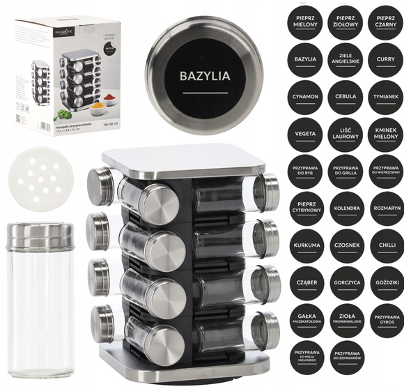 PRZYPRAWNIK KWADRATOWY 15,5 x 15,5 x 24 CM 16 SŁOICZKÓW CZARNO-SREBRNY *9134