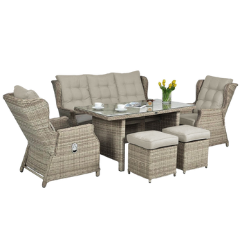 ZESTAW MEBLI OGRODOWYCH ALUMINIOWYCH RATTANOWYCH (SOFA + STÓŁ + 2 FOTELE + 2 PUFY) BRĄZOWY + BEŻOWE PODUSZKI *3532