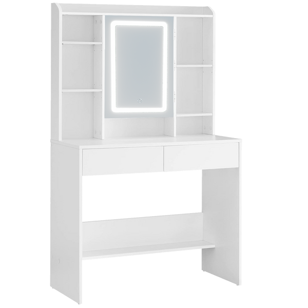 WHITE DRESSING TABLE WITH LED MIRROR AND 2 DRAWERS AND JEWELRY HOOKS