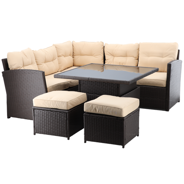 SET DE MOBILĂ DIN RATTAN (CANAPEA PE COLȚ + 2 PUFE + MASĂ CU ÎNĂLȚIME REGULABILĂ) CENZI + PERNE CREM *8205