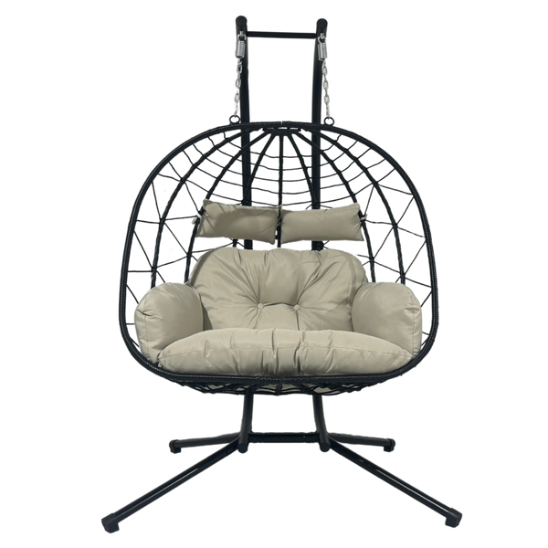 FOTEL WISZĄCY PODWÓJNY SKŁADANY LUVO CZARNY, PODUSZKA - JASNY SZARY, RAMA - CZARNA