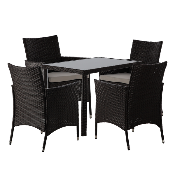 RATTAN FURNITURE SET (TABLE + 4 CHAIRS) BROWN + BEIGE PILLOWS