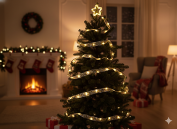 CHRISTMAS RIBBON LED WITH STAR SILVER WARM WHITE