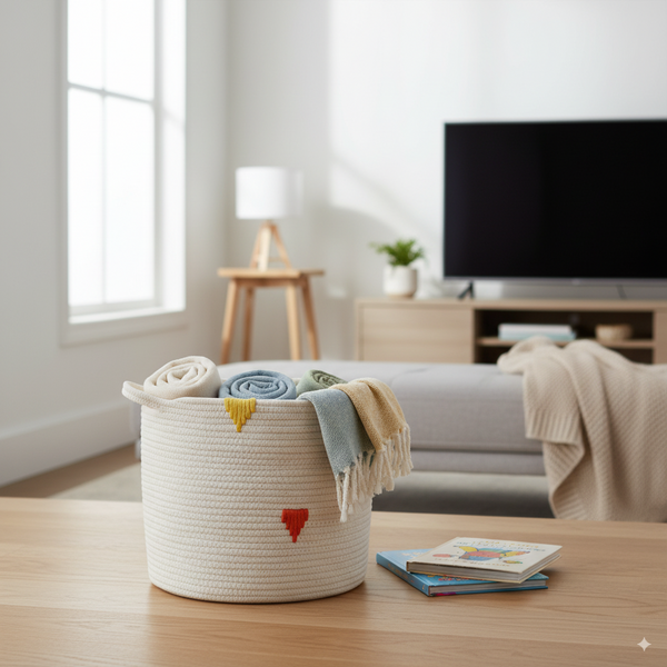 ROUND BASKET WHITE WITH COLORFUL PATTERN SIZE M