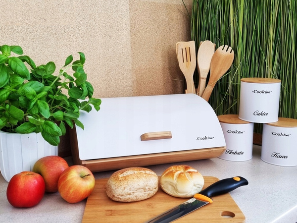 CHLEBAK AGLIO - BAMBUSOWY Z POKRYWĄ METALOWĄ 36,5 x 25 x 13 CM BIAŁY MAT + 3 POJEMNIKI 11,5x11,5x12 CM *4942