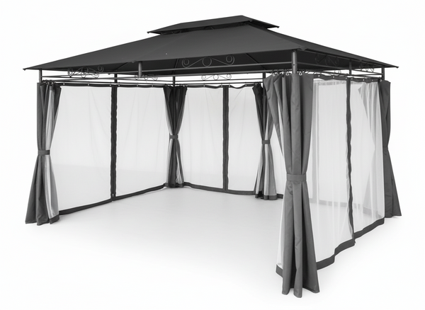 GARDEN GAZEBO WITH SIDE CURTAINS - DARK GREY 3 X 4M