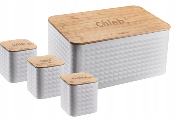 CHLEBAK SABIO - EMALIOWANY Z POKRYWĄ BAMBUSOWĄ 35 x 23 x 18,5 CM BIAŁY + 3 POJEMNIKI 11,5 X 11,5 X 12 CM *8848