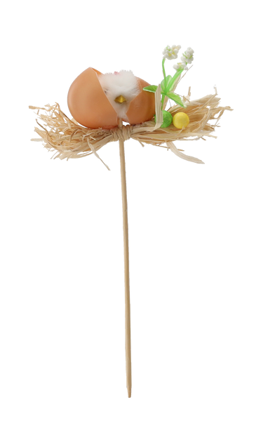 VELIKONOČNÍ DEKORACE NA ŠPÍZ - KUŘE V VEJCÍ NA SLÁMĚ 5 x 23 CM MIX 2 BARVY balení=12ks *9137