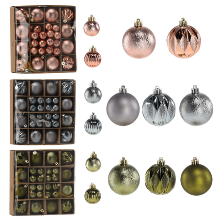 SET OF 44 BAUBLES 3/6 CM OLIVE/COPPER/GRAPHITE MIX DESIGNS