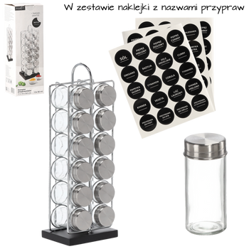 PRZYPRAWNIK PROSTOKĄTNY 11 x 10 x 36,5 CM Z RĄCZKĄ 12 SŁOICZKÓW SREBRNO-CZARNY *9196