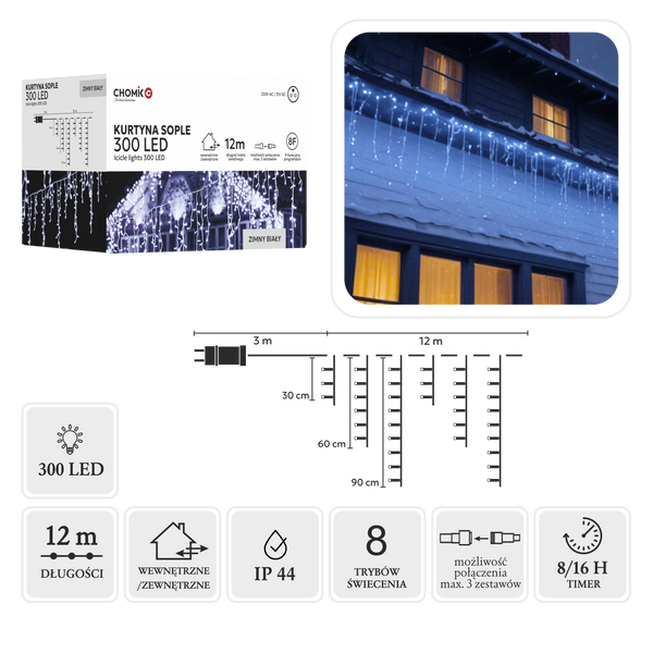 CORTINĂ ICICLE 300L ALB RECE LUNGIME 3 + 12 M *9836