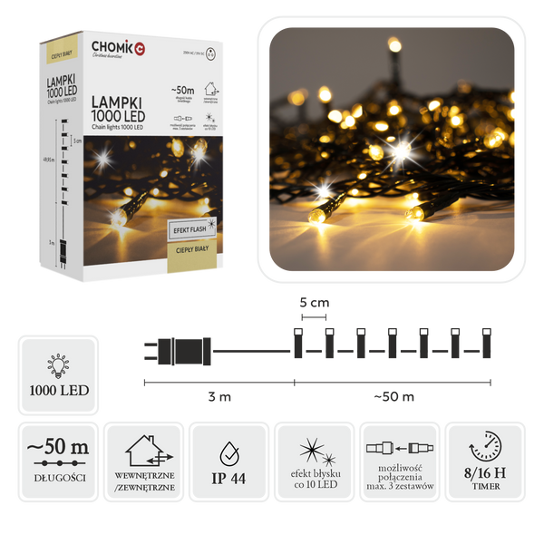 LAMPKI LED 1000L CIEPŁY BIAŁY + ZIMNY FLASH, DŁ. 3 + 50 M WEWN/ZEWN *9645