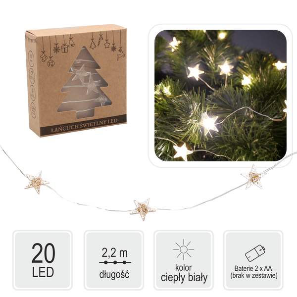 LANȚ DE LED CU STELE 20 LED PE BATERII CU DECORAȚIUNI AURII pachet=20buc *0184