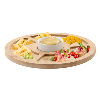 SET FOR SERVING APPETIZERS - 4-COMPARTMENT BAMBOO BOARD WITH PORCELAIN BOWL 28X4CM