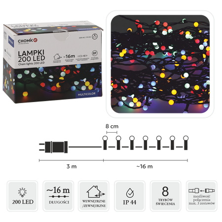 LAMPKI LED KULKI 200L MULTIKOLOR, DŁ. 3 + 16 M *0160