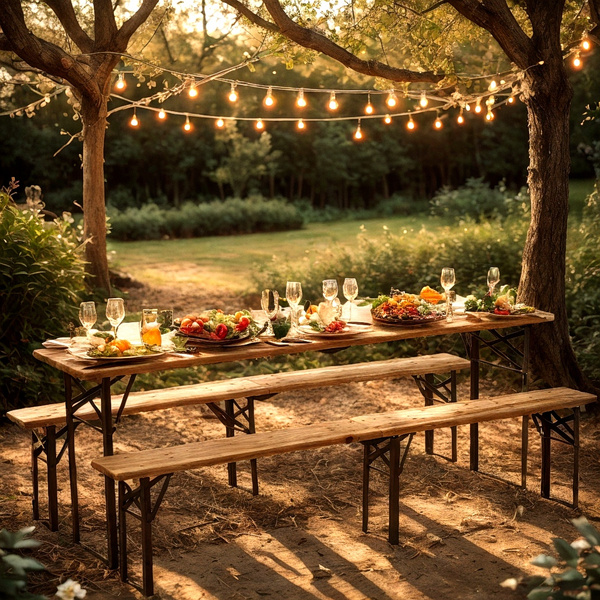 BEER TABLE SET - TABLE 220 x 50 x 77 cm + 2 BENCHES 220 x 25 x 47 cm - FOLDING *2829