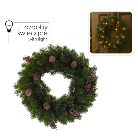 WIENIEC ŚWIĄTECZNY LED 40 CM 40 L ZIELONY ZE ŚWIECĄCYMI SZYSZKAMI NA BATERIE *9669