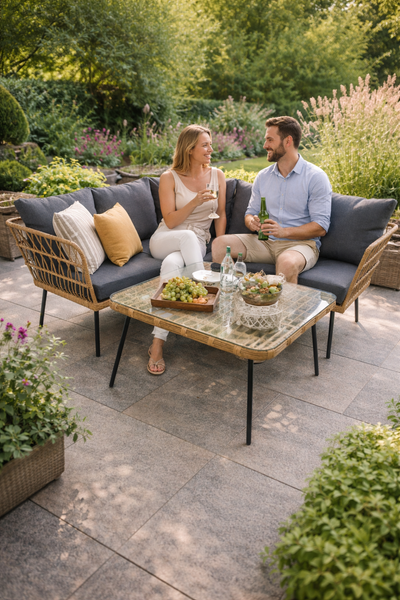 ZESTAW MEBLI OGRODOWYCH (SOFA NAROŻNA, STOLIK) - BRĄZOWY, PODUSZKI - SZARY