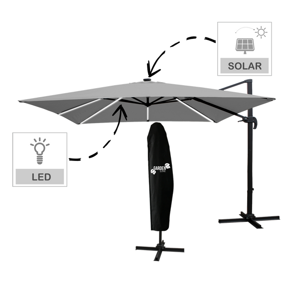 PARASOL OGRODOWY 3 x 3 M SZARY "ROMA" Z POKROWCEM Z LED 
