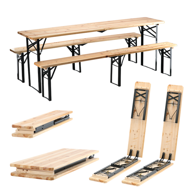 BEER TABLE SET - TABLE 220 x 50 x 77 cm + 2 BENCHES 220 x 25 x 47 cm - FOLDING *2829