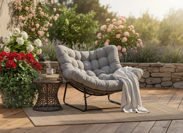 FOTEL BUJANY "SVINGA" 112 x 104 x 69 CM BRĄZOWY RATTAN, SZARE PODUSZKI