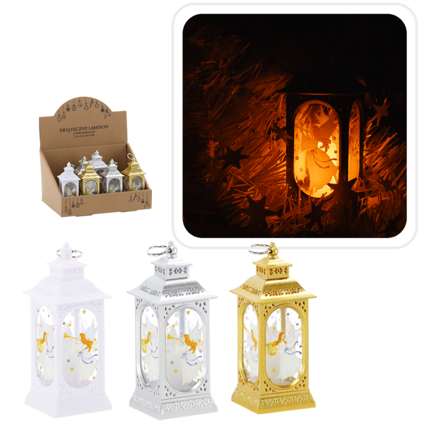 LANTERNĂ SĂRBĂTOARE 5,2 x 5,2 x 12,5 CM CU LED ARGINTIE/AURIE/ALBĂ CU ÎNGER disp=12buc *2577