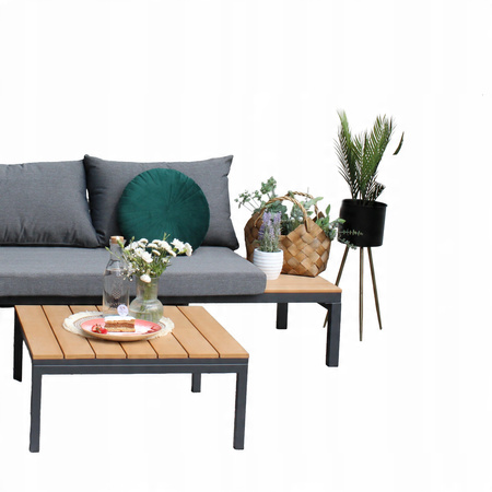 SADA HLINÍKOVÉHO NÁBYTKU (ROHOVÁ SOFA + STOLEK) ŠEDÁ + ŠEDÉ POLŠTÁŘE *8137