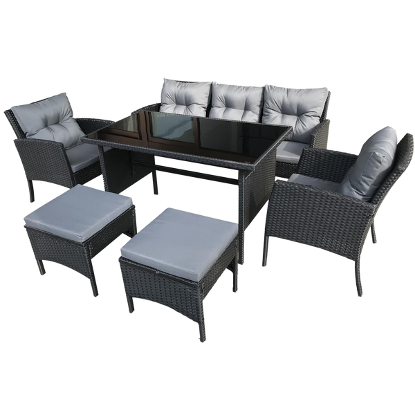 SET DE MOBILIER DIN RATTAN (CANAPEA, 2 SCaUNE, 2 PUFE, MASĂ) - NEGRU, PERNE - GRI *7541