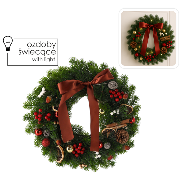 LED WINTER WREATH 40 CM 40 L VERDE CU FUNDĂ MARRON PE BATERII *9706