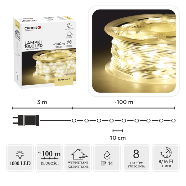 LAMPKI LED MICRO NA SZPULI 1000L CIEPŁY BIAŁY, DŁ. 3 + 100 M *8554