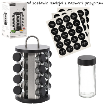 PRZYPRAWNIK OKRĄGŁY 17,5 x 33 CM Z RĄCZKĄ 16 SŁOICZKÓW CZARNO-SREBRNY *9158