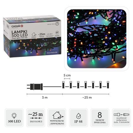 LAMPKI LED 500L MULTIKOLOR, DŁ. 3 + 25 M WEWN/ZEWN *9584