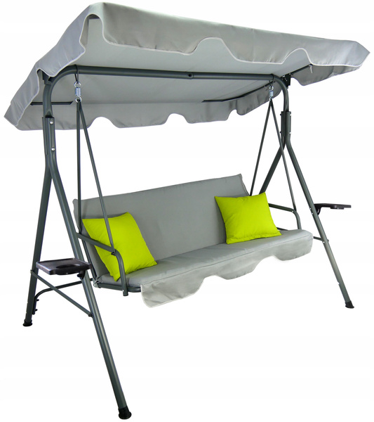 HUŚTAWKA OGRODOWA A-TYPE 170 x 118 x 153 cm SZARA Z LIMONKOWYMI POD. I PODSTAWKAMI NA KUBEK *9987
