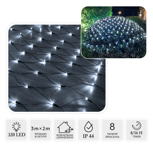 KURTYNA SIATKA LED 320L ZIMNY BIAŁY 3 x 2 M WEWN/ZEWN *1711