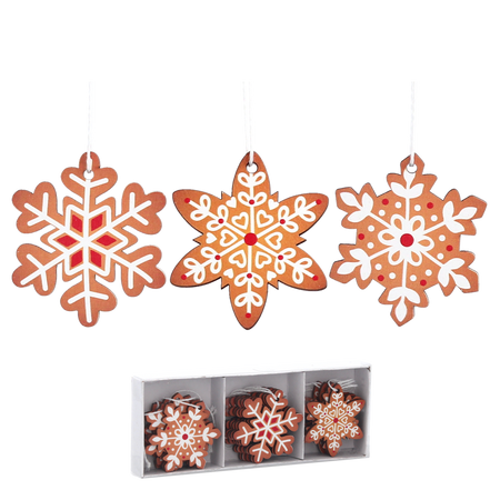 SET OF 18 WOODEN CHRISTMAS DECORATIONS BROWN ASSORTED 3 DESIGNS SNOWFLAKES